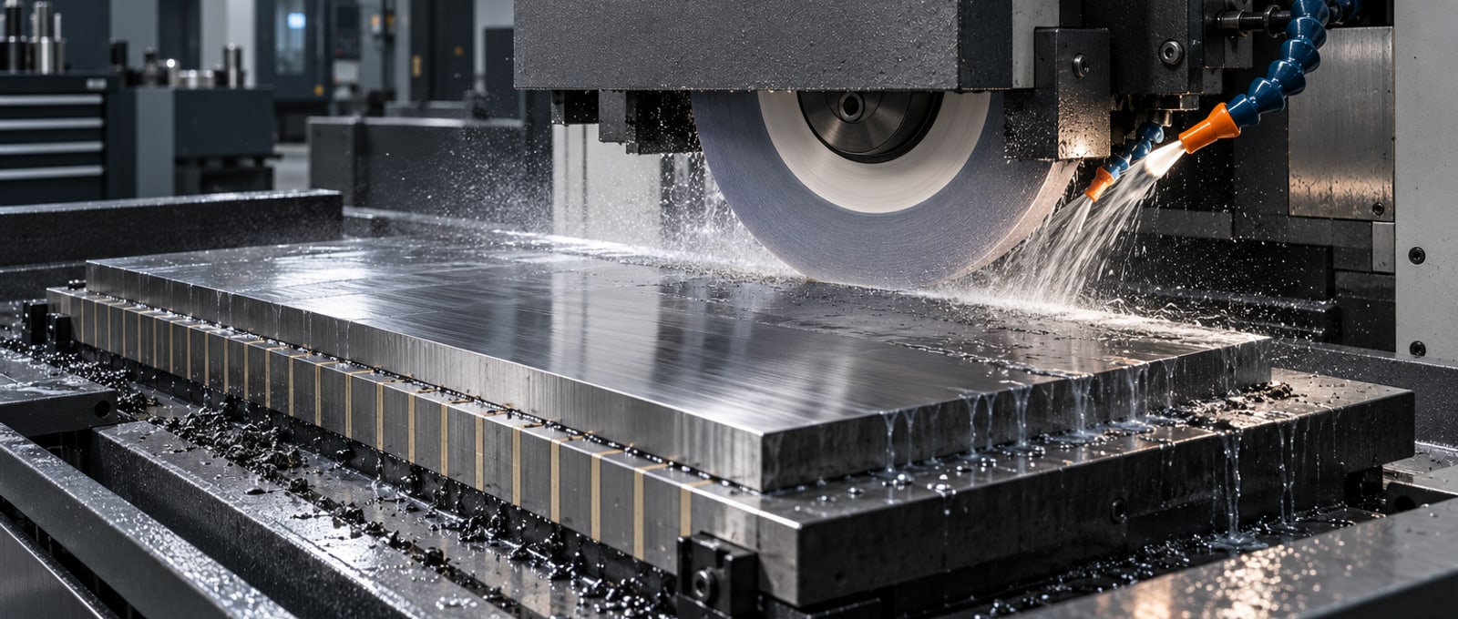 Surface grinder finishing a hardened steel plate
