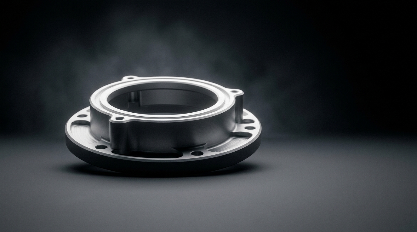 Single precision CNC machined aluminum part on a dark studio background with soft rim lighting
