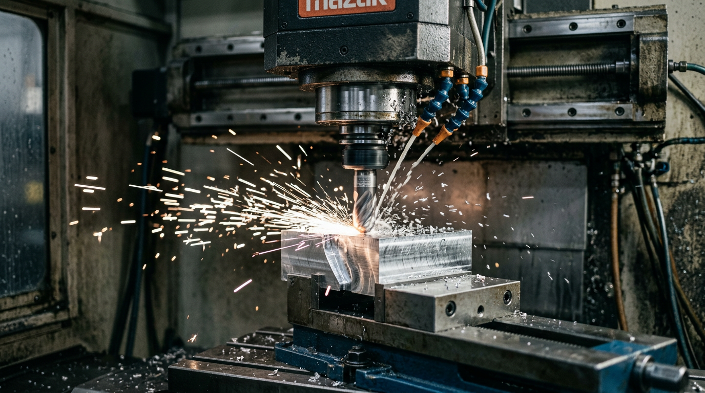 CNC machine cutting aluminum with sparks during precision machining